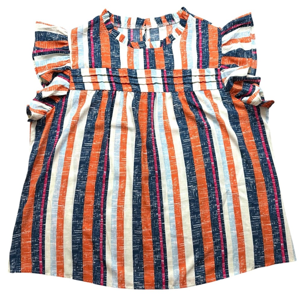 SHEWIN Flutter Sleeve Blouse Navy & Orange Stripe Ruffle Neck Women's 2XL - Picture 9 of 11